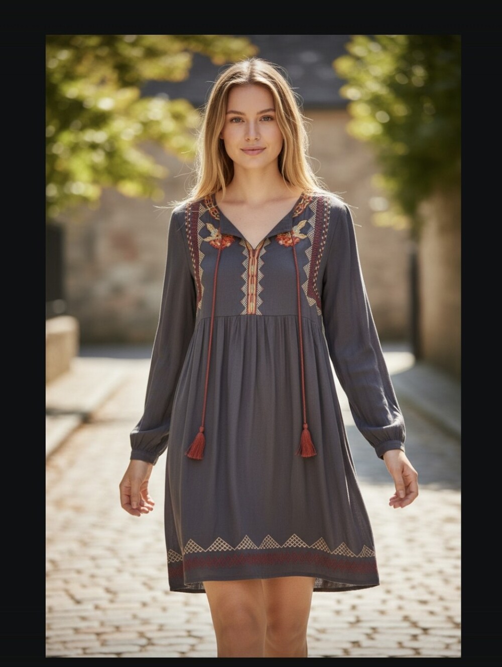 THML  Rayon Long-Sleeve Embroidered Boho/Aztec Anthropologie Dress -NWT- Medium